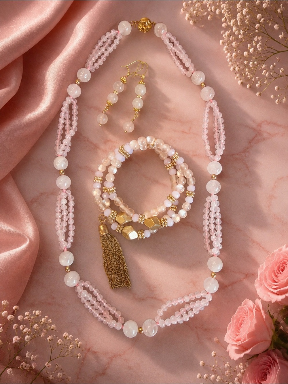 Rose Quartz 3 Piece Beaded Necklace, Bracelet & Earring Set with Gold Accents